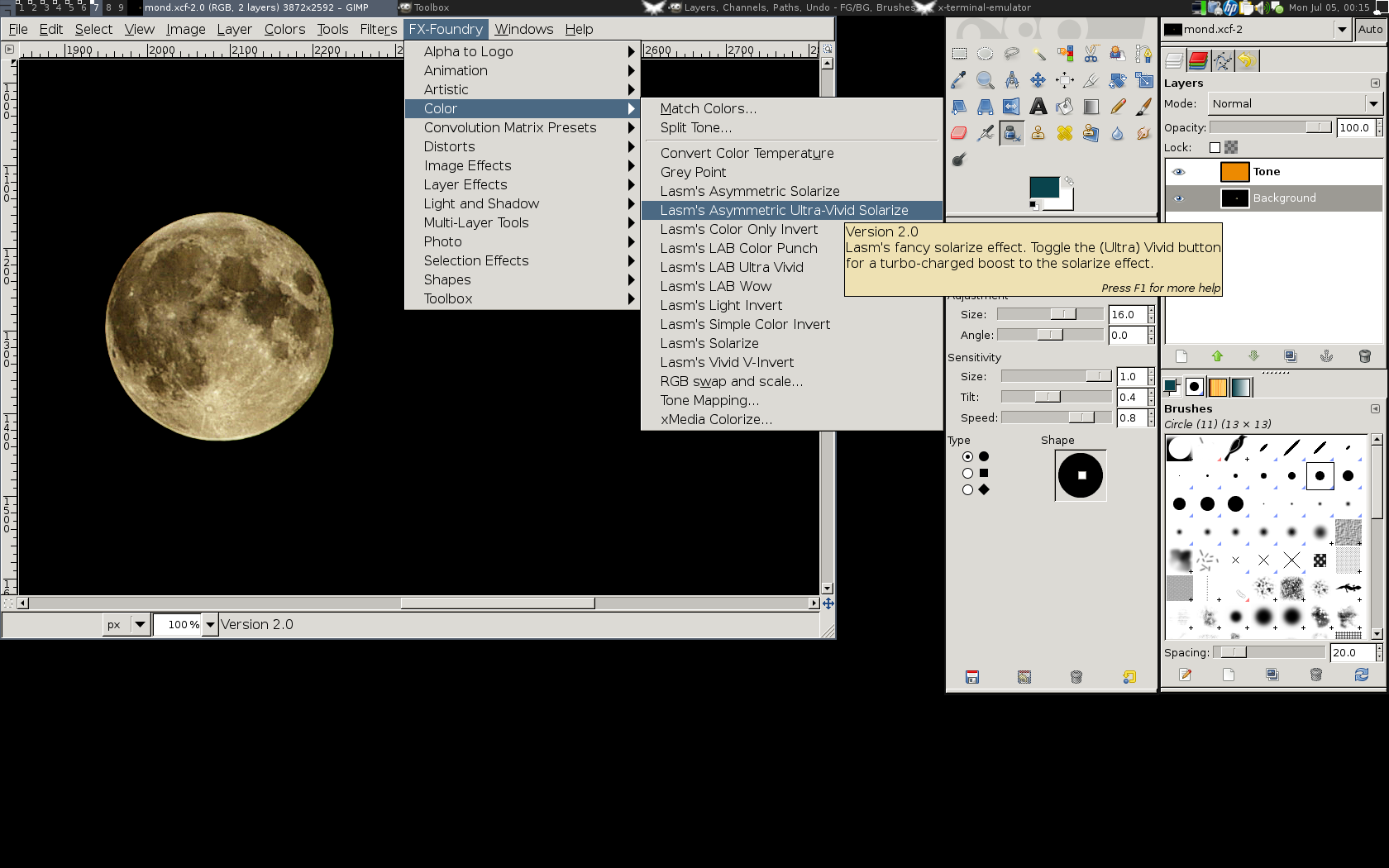 The GIMP screenshot with open FX-Foundry menu